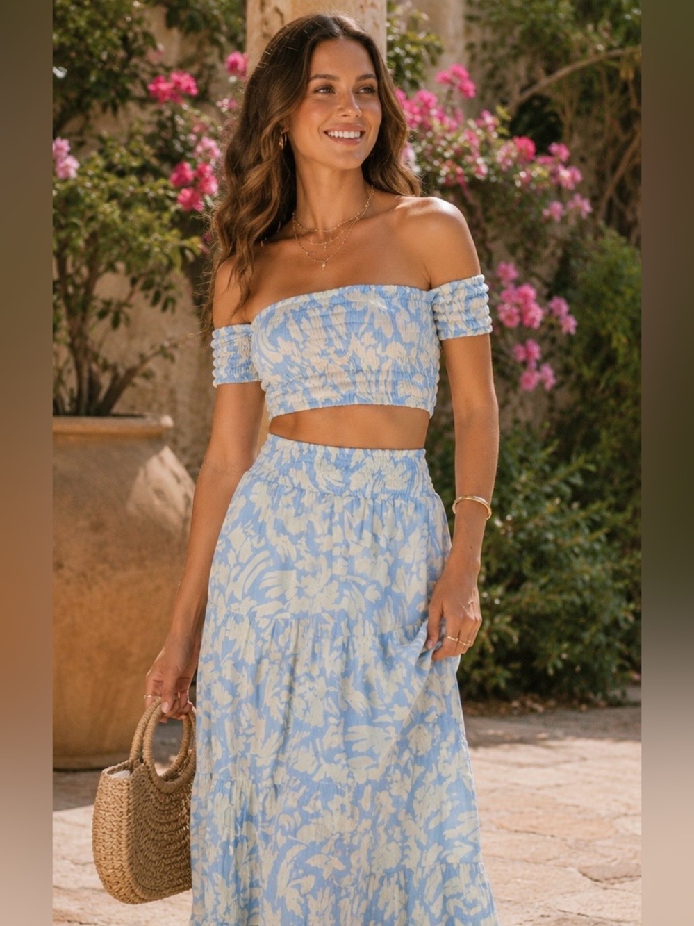Misa Los Angeles Light Blue and Cream Off-Shoulder Smocked Crop Top